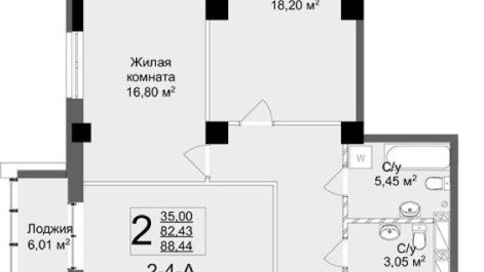 Планировка 2-комнатной квартиры в ЖК Люксембург 88.44 м², фото 326265