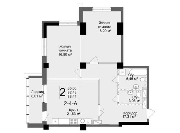 ЖК Люксембург: планировка 2-комнатной квартиры 88.44 м²