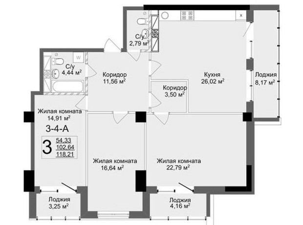 ЖК Люксембург: планировка 3-комнатной квартиры 118.21 м²
