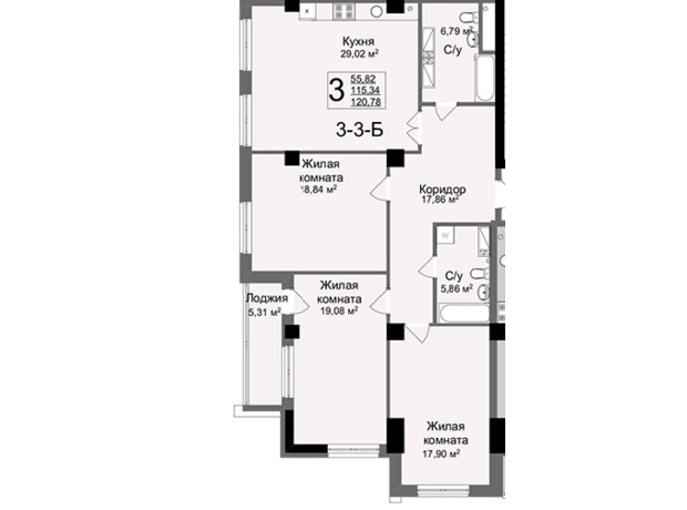 ЖК Люксембург: планування 3-кімнатної квартири 120.78 м²