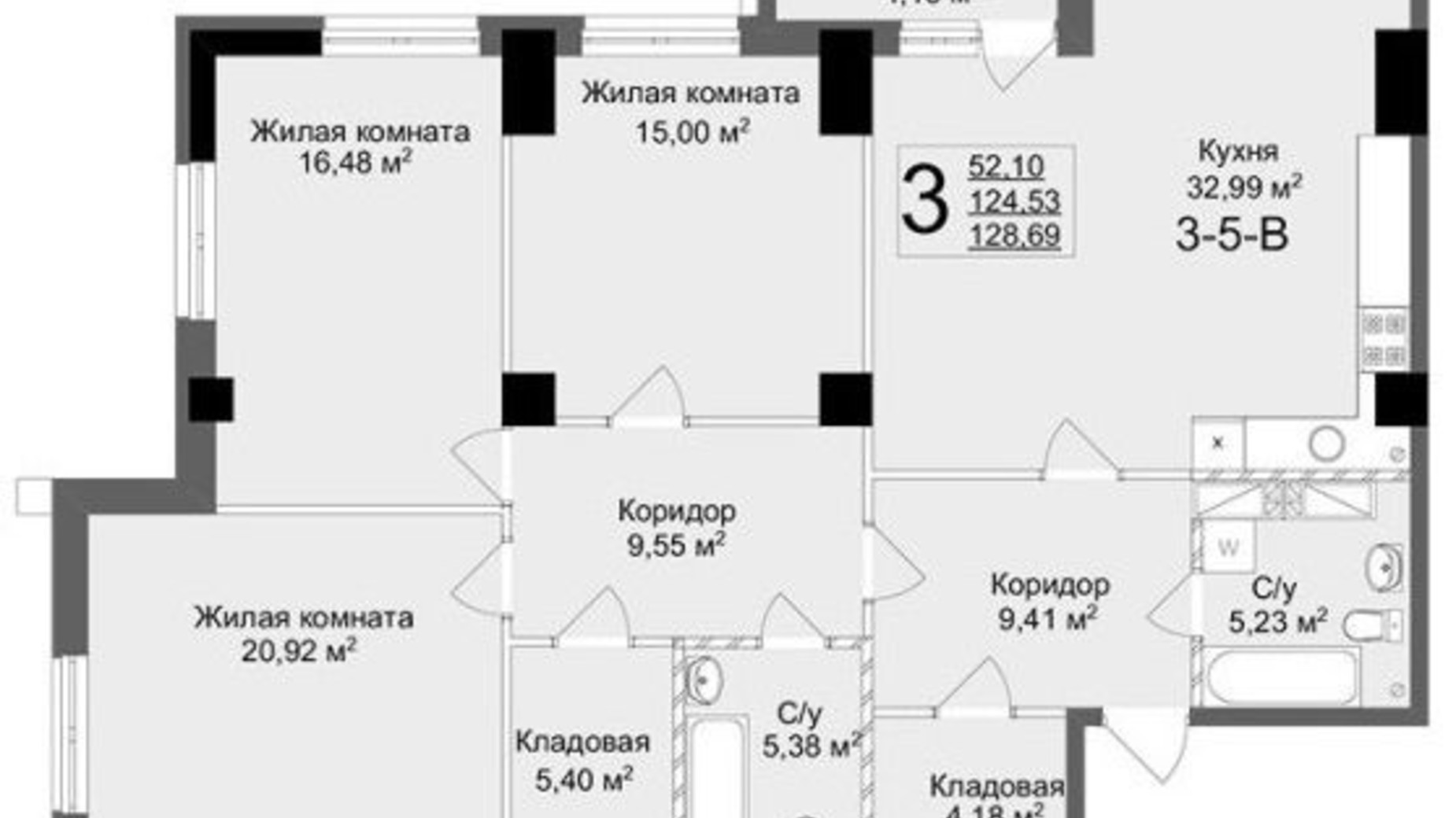 Планировка 3-комнатной квартиры в ЖК Люксембург 128.69 м², фото 326270