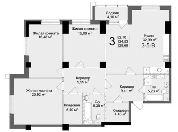 ЖК Люксембург: планировка 3-комнатной квартиры 128.69 м²