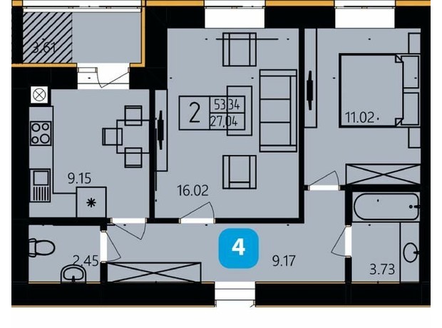 ЖК River Park: планування 2-кімнатної квартири 53.34 м²