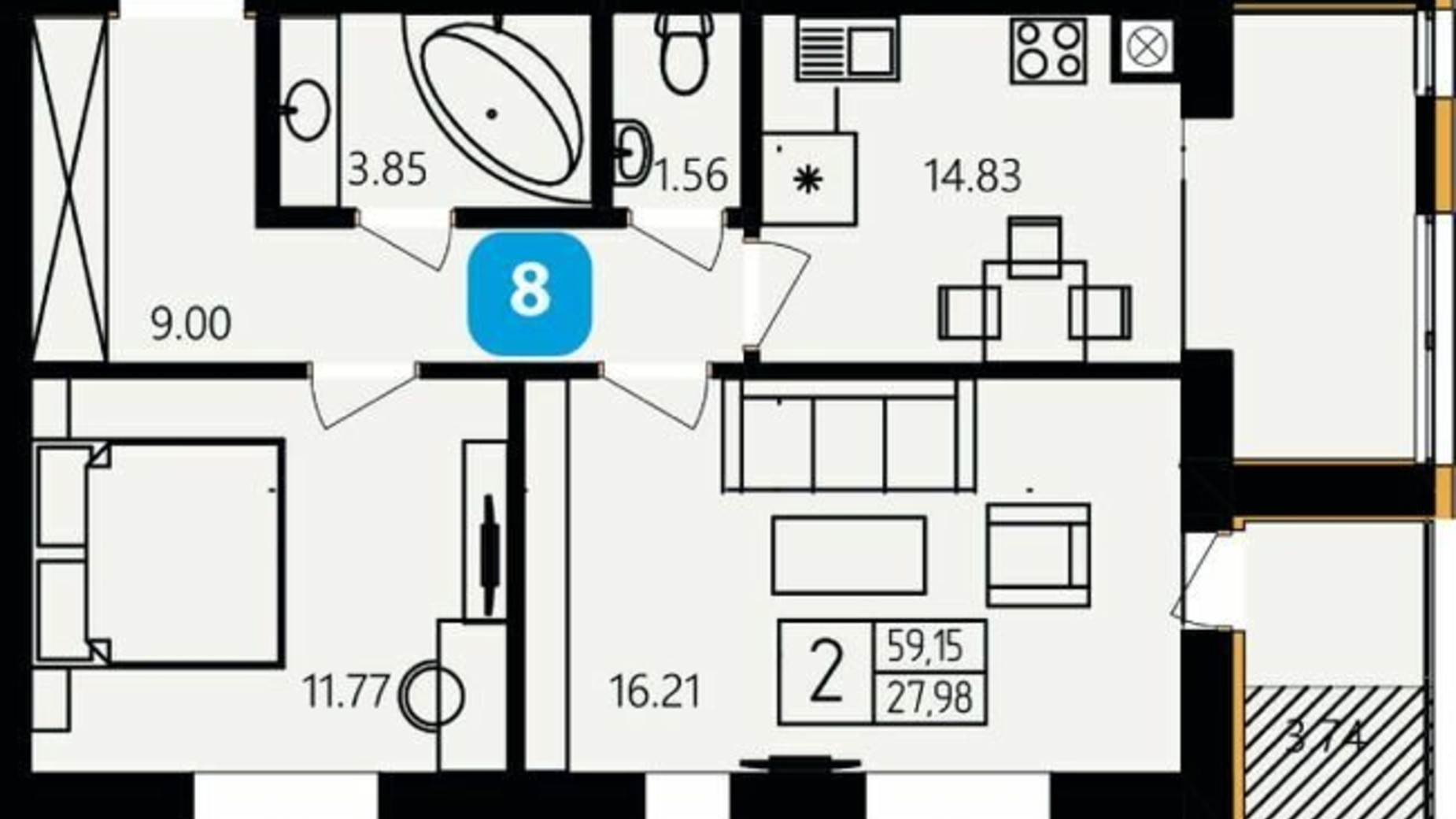 Планировка 2-комнатной квартиры в ЖК River Park 59.15 м², фото 326395