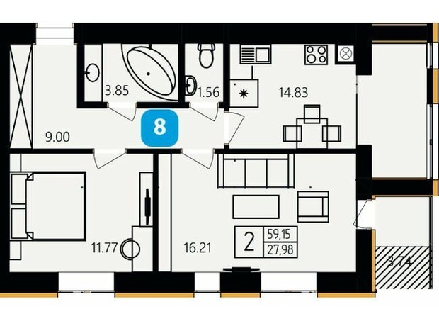 ЖК River Park: планування 2-кімнатної квартири 59.15 м²