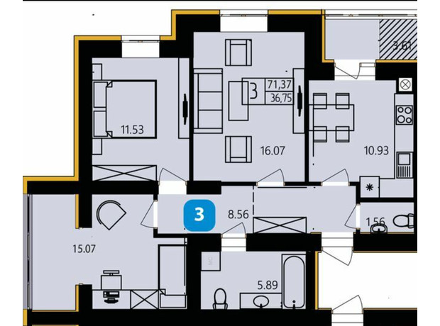 ЖК River Park: планировка 3-комнатной квартиры 71.37 м²