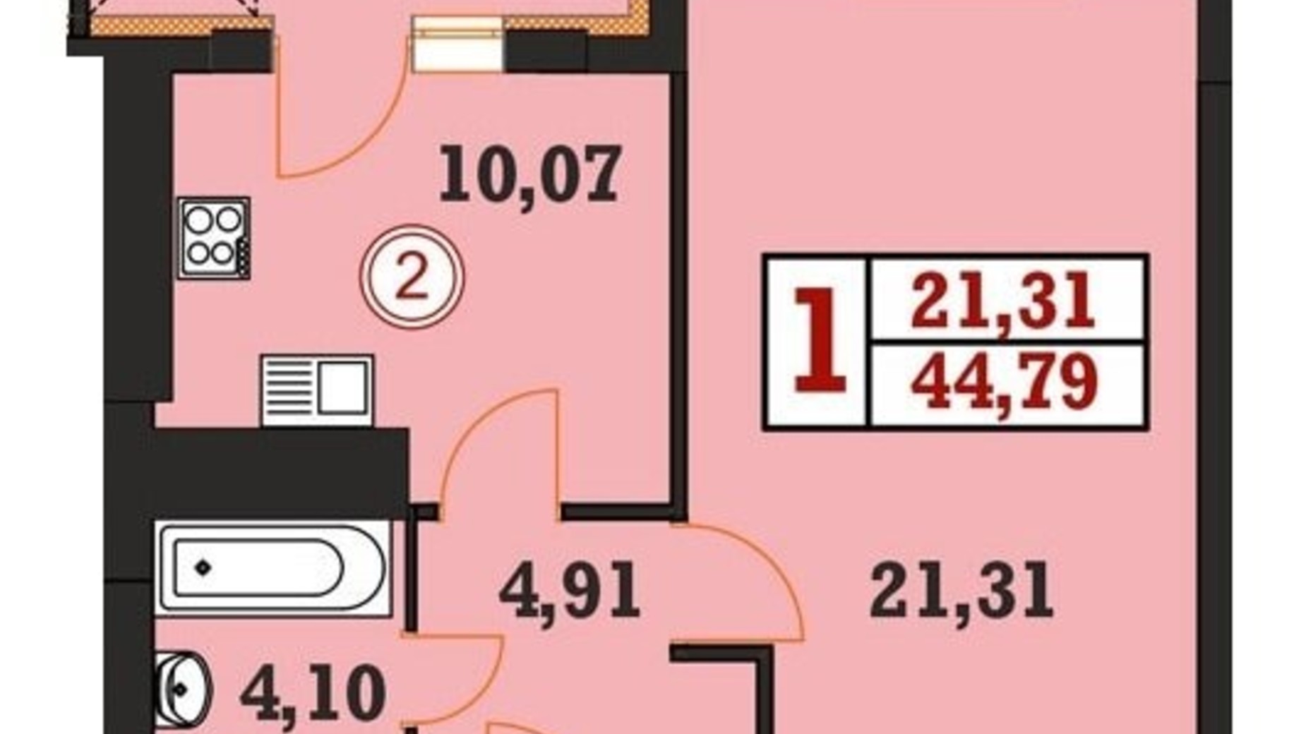 Планировка 1-комнатной квартиры в ЖК Гетьманский 44.79 м², фото 326716