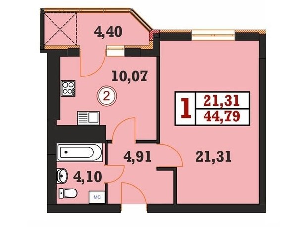 ЖК Гетьманський: планування 1-кімнатної квартири 44.79 м²