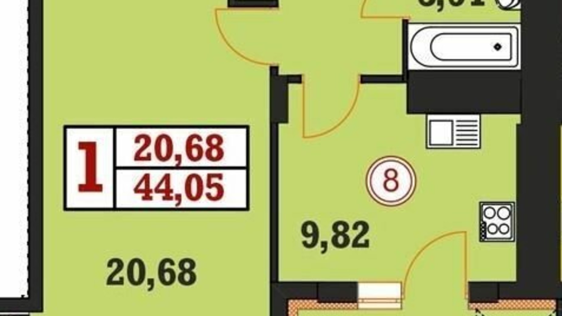 Планування 1-кімнатної квартири в ЖК Гетьманський 44.05 м², фото 326717