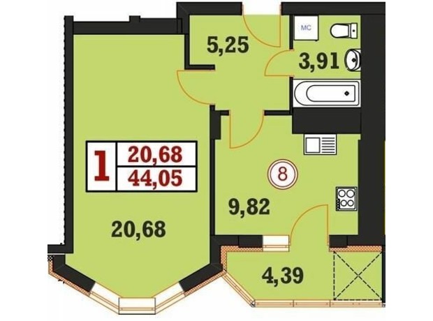 ЖК Гетьманський: планування 1-кімнатної квартири 44.05 м²