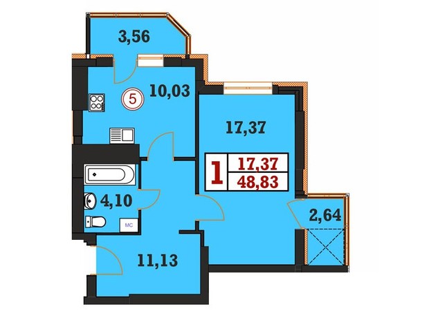 ЖК Гетьманський: планування 1-кімнатної квартири 48.83 м²
