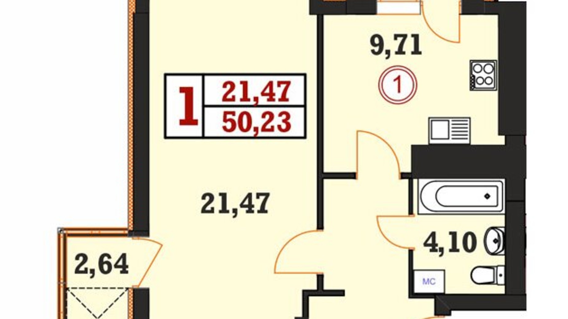 Планировка 1-комнатной квартиры в ЖК Гетьманский 50.23 м², фото 326720