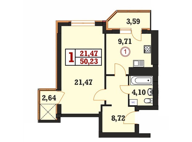 ЖК Гетьманський: планування 1-кімнатної квартири 50.23 м²