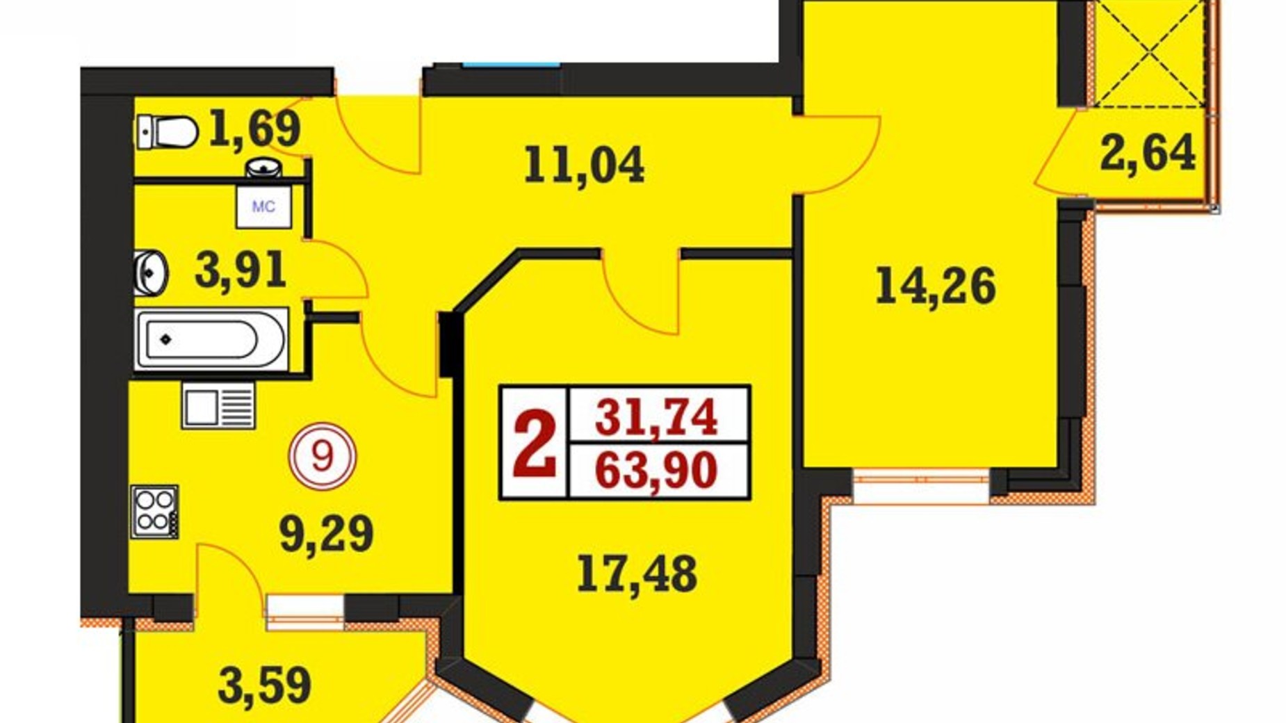 Планування 2-кімнатної квартири в ЖК Гетьманський 63.9 м², фото 326723