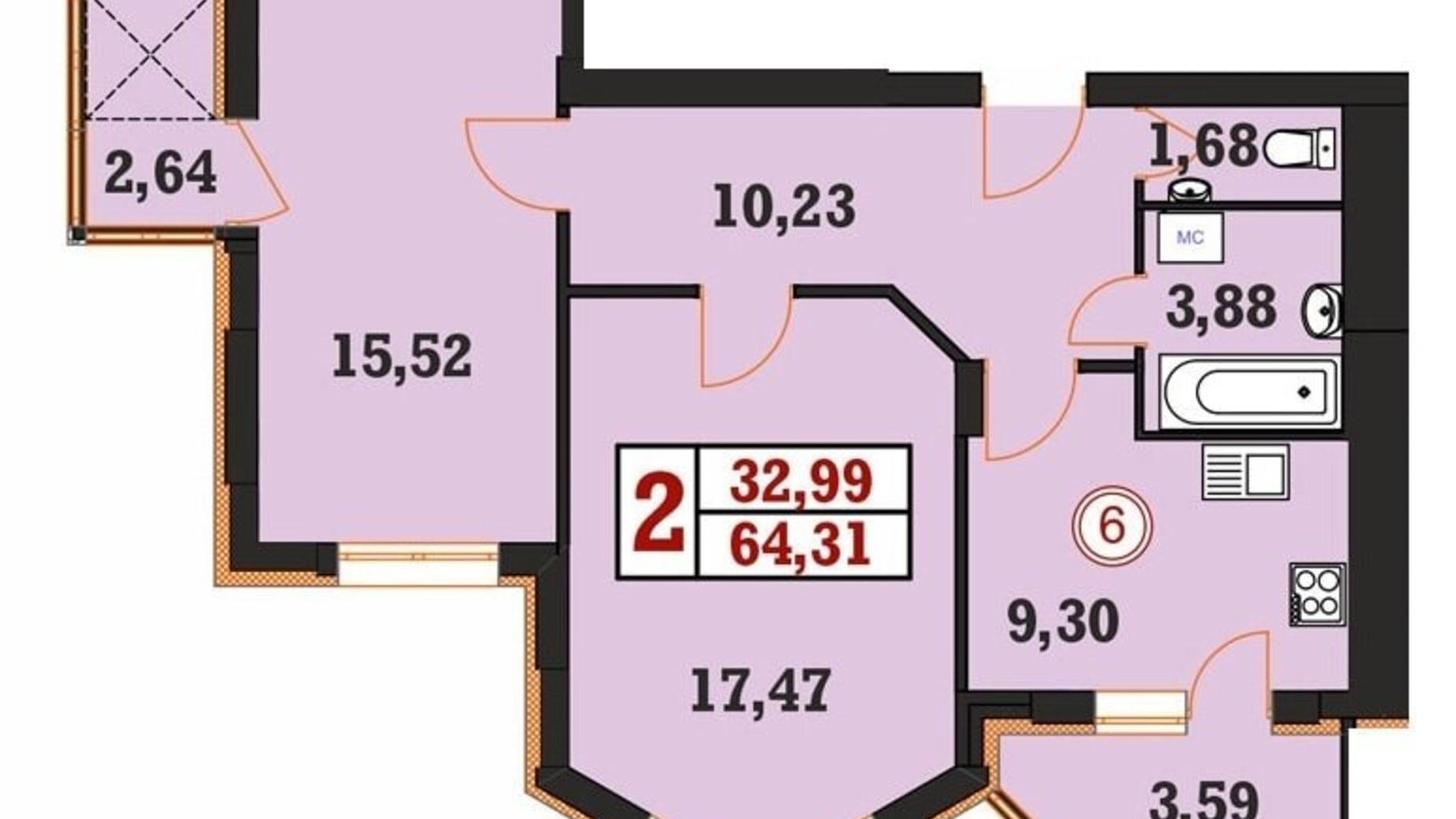 Планування 2-кімнатної квартири в ЖК Гетьманський 64.31 м², фото 326724