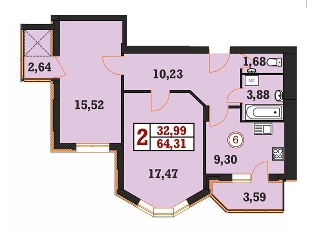 ЖК Гетьманський: планування 2-кімнатної квартири 64.31 м²