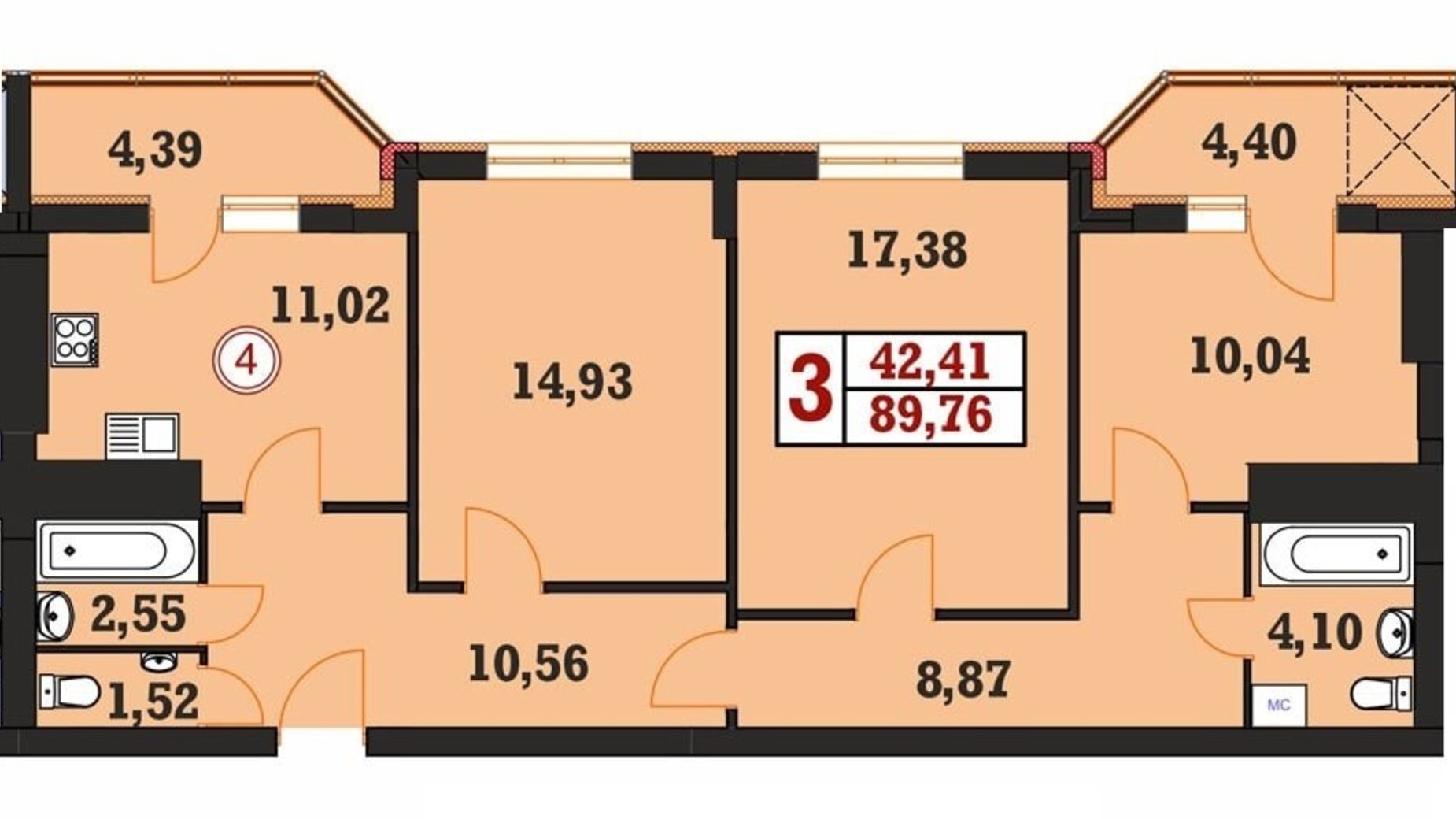 Планування 3-кімнатної квартири в ЖК Гетьманський 89.76 м², фото 326800