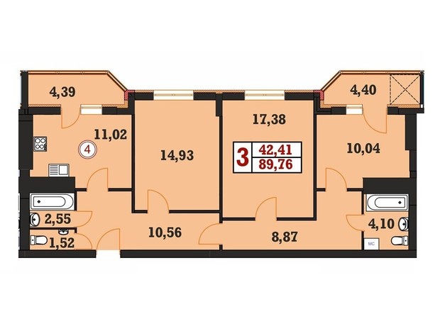 ЖК Гетьманский: планировка 3-комнатной квартиры 89.76 м²