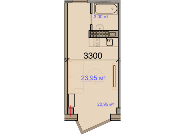 ЖК City House Resort: планировка 1-комнатной квартиры 23.95 м²