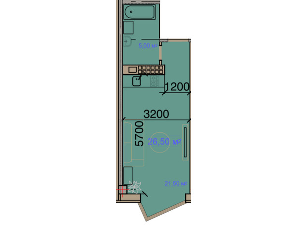 ЖК City House Resort: планировка 1-комнатной квартиры 26.5 м²