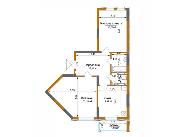 ЖК Eco Dream: планировка 2-комнатной квартиры 72.86 м²