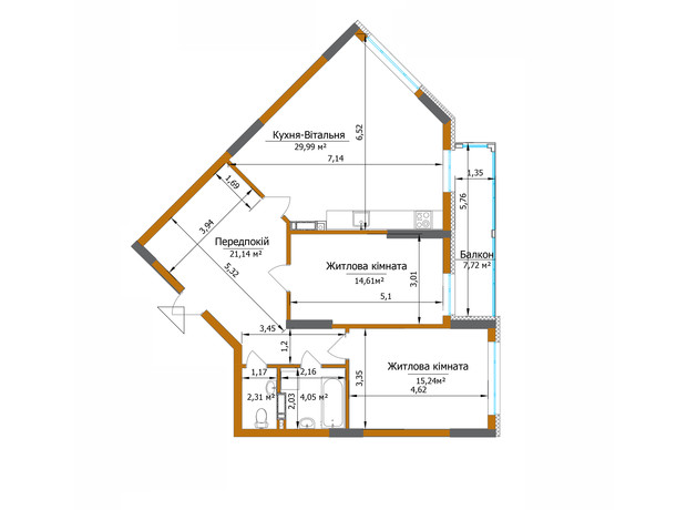 ЖК Eco Dream: планировка 3-комнатной квартиры 89.66 м²