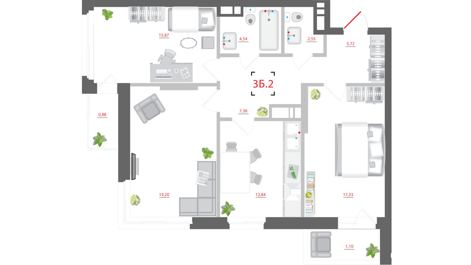 Планування 3-кімнатної квартири в ЖК City Hub 87.41 м², фото 327160