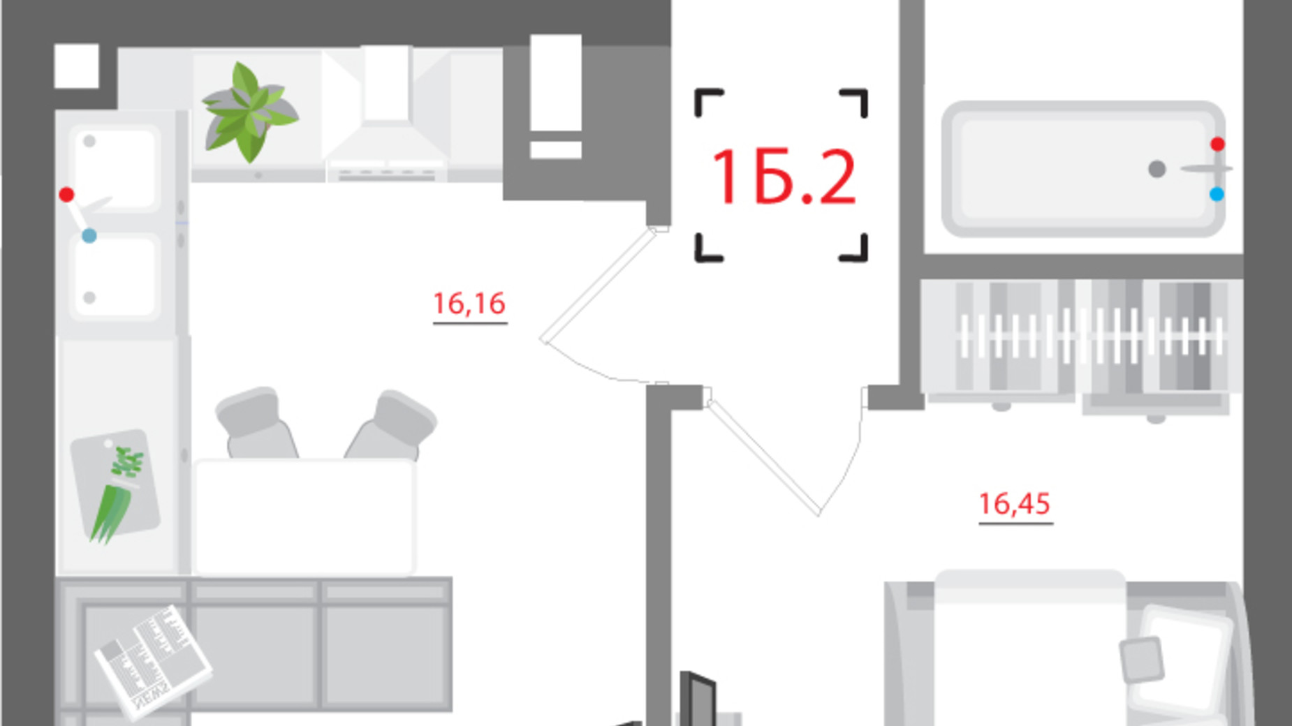 Планування 1-кімнатної квартири в ЖК City Hub 46.54 м², фото 327163