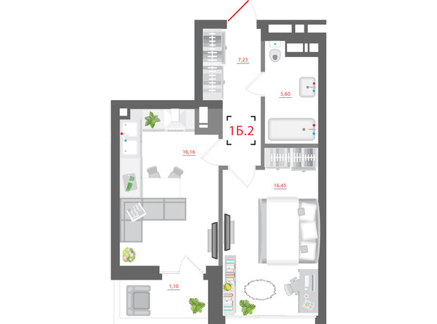 ЖК City Hub: планування 1-кімнатної квартири 46.54 м²