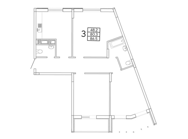 ЖК Радужный: планировка 3-комнатной квартиры 86.54 м²