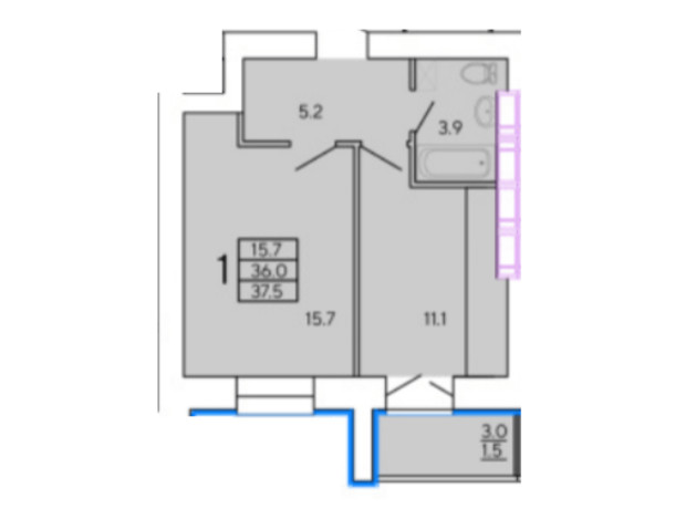 ЖК Солнечный квартал 4: планировка 1-комнатной квартиры 37.5 м²