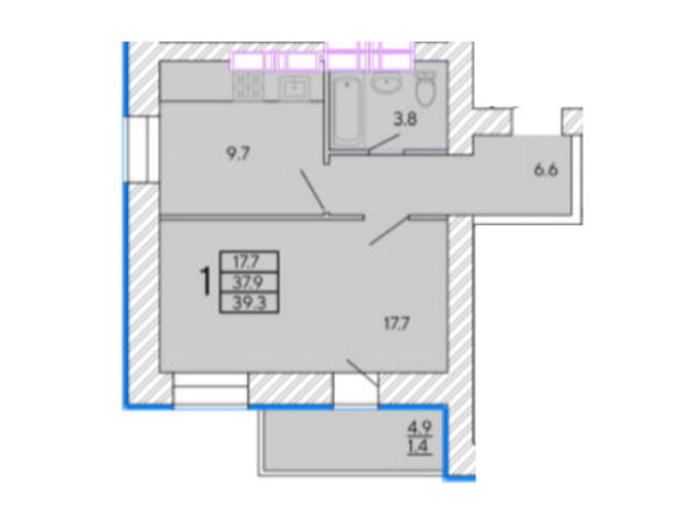 ЖК Солнечный квартал 4: планировка 1-комнатной квартиры 39.3 м²