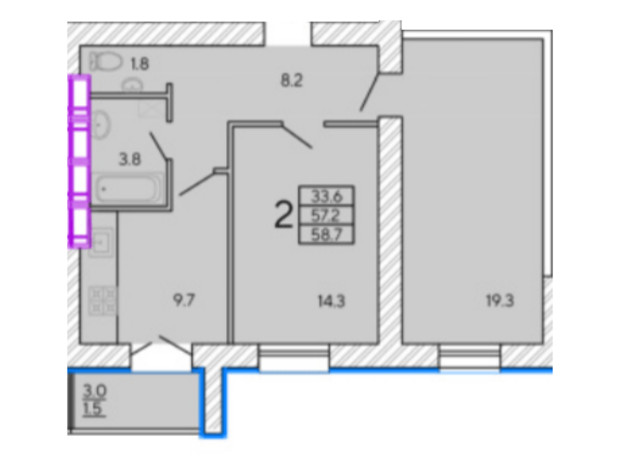 ЖК Солнечный квартал 4: планировка 2-комнатной квартиры 58.7 м²