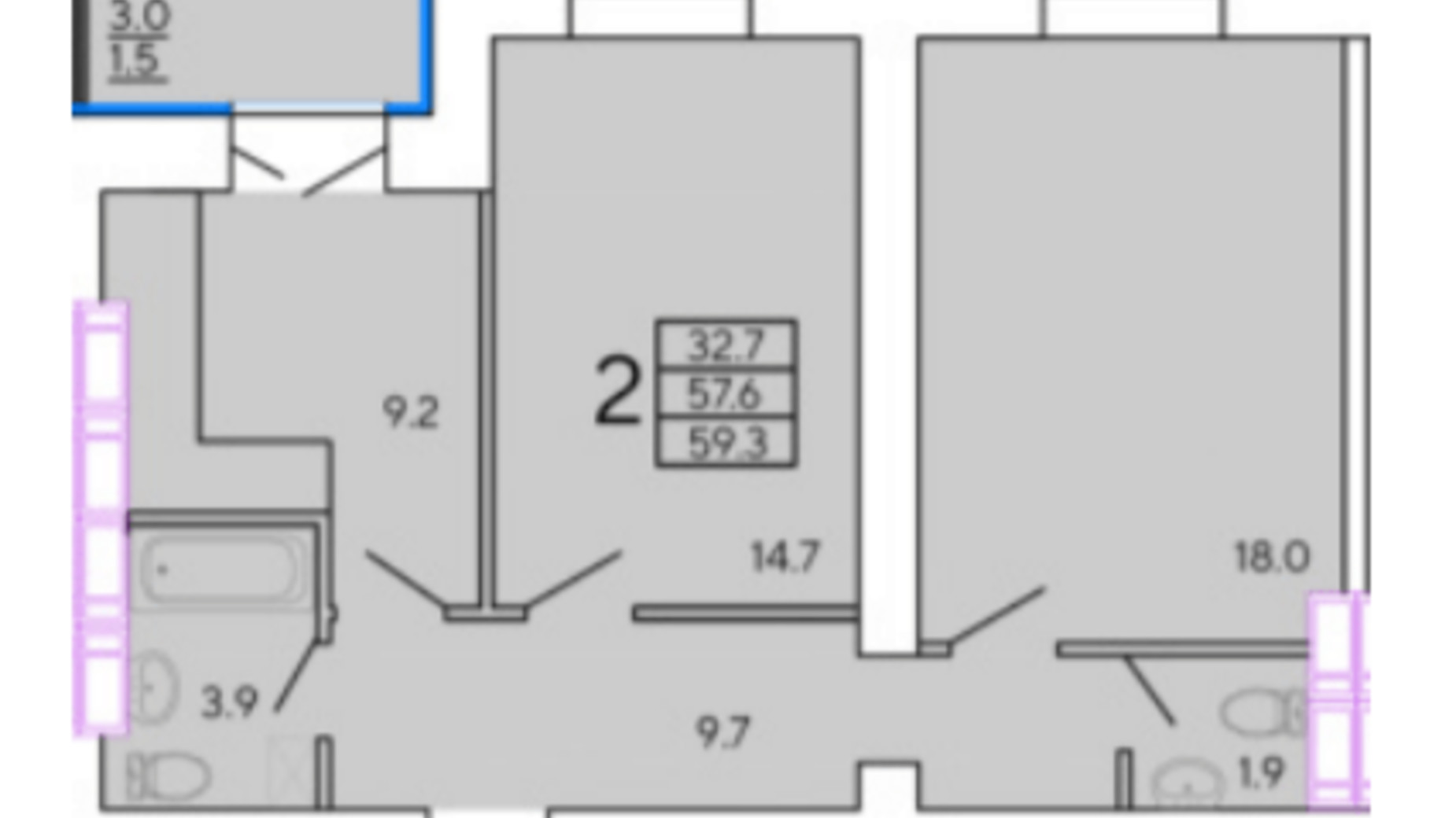 Планировка 2-комнатной квартиры в ЖК Солнечный квартал 4 59.3 м², фото 327417