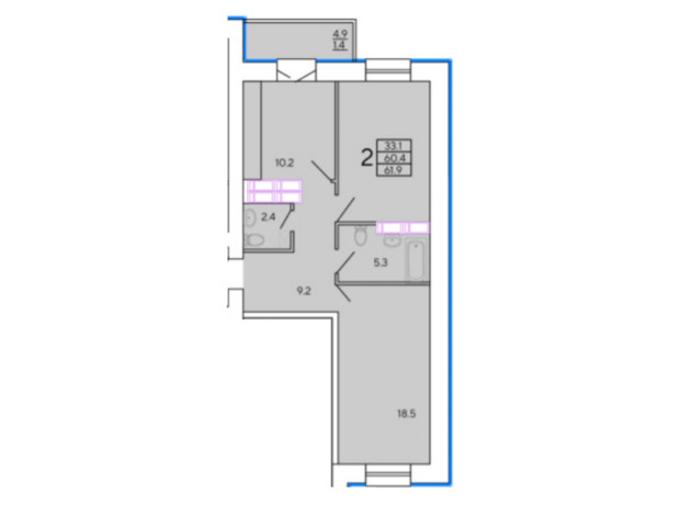 ЖК Солнечный квартал 4: планировка 2-комнатной квартиры 61.9 м²