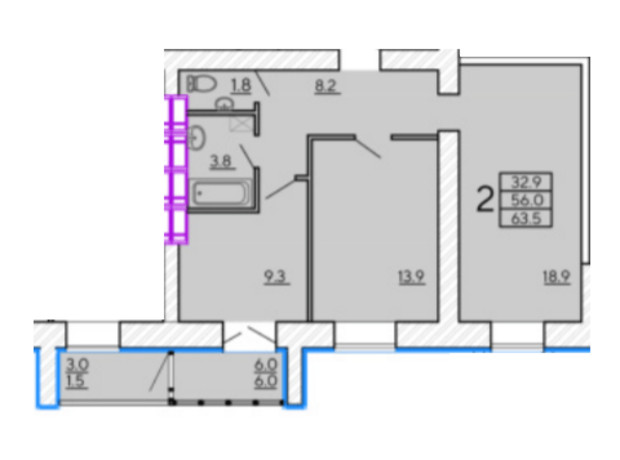 ЖК Солнечный квартал 4: планировка 2-комнатной квартиры 63.5 м²