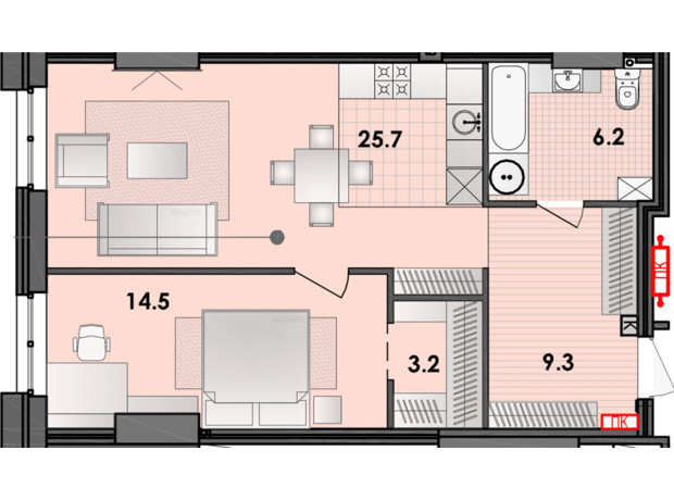 ЖК Respect Hall: планировка 2-комнатной квартиры 60.2 м²