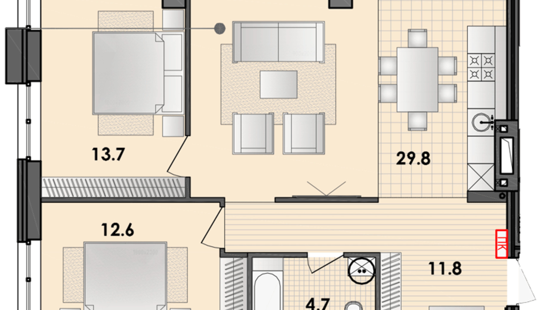 Планування 2-кімнатної квартири в ЖК Respect Hall 74.2 м², фото 327510