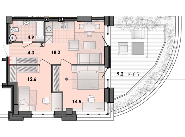 ЖК Respect Hall: планировка 2-комнатной квартиры 64.9 м²