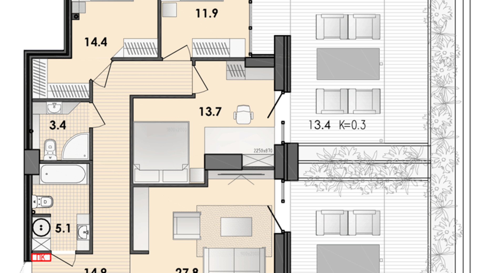 Планировка 3-комнатной квартиры в ЖК Respect Hall 117.1 м², фото 327513