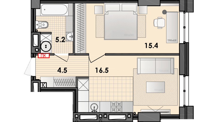 Планування 1-кімнатної квартири в ЖК Respect Hall 42.3 м², фото 327517