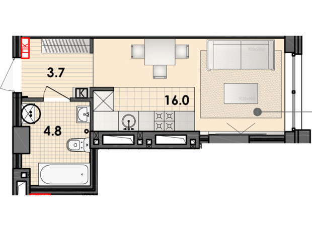 ЖК Respect Hall: планування 1-кімнатної квартири 24.4 м²