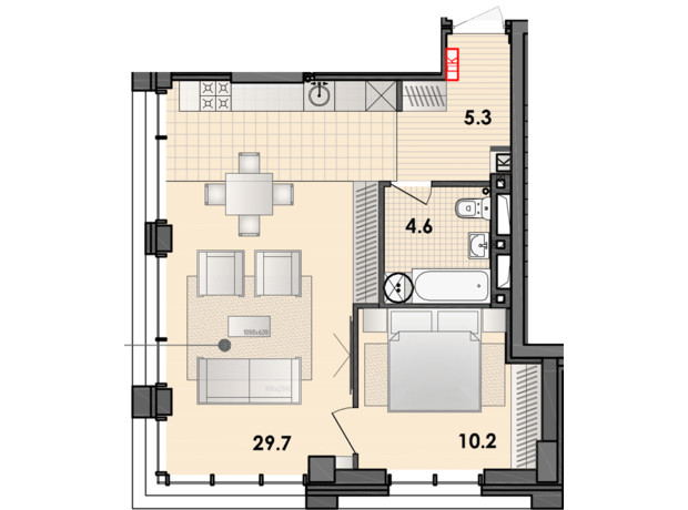 ЖК Respect Hall: планировка 1-комнатной квартиры 50.3 м²