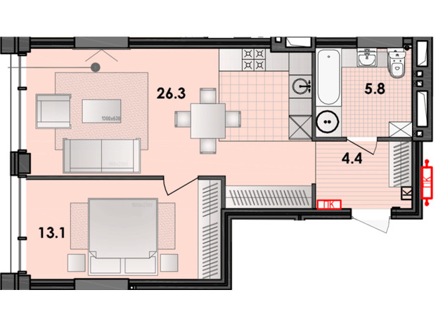 ЖК Respect Hall: планировка 1-комнатной квартиры 50.4 м²