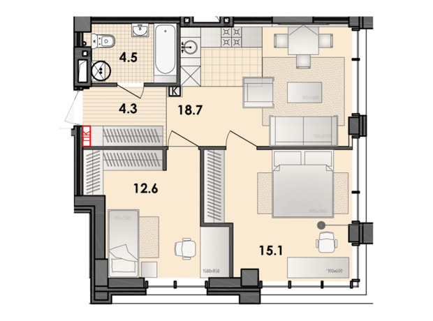 ЖК Respect Hall: планировка 2-комнатной квартиры 56.3 м²