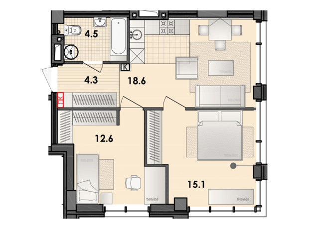 ЖК Respect Hall: планування 2-кімнатної квартири 56.3 м²