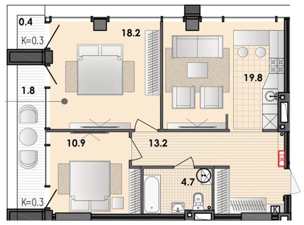 ЖК Respect Hall: планировка 3-комнатной квартиры 70.5 м²