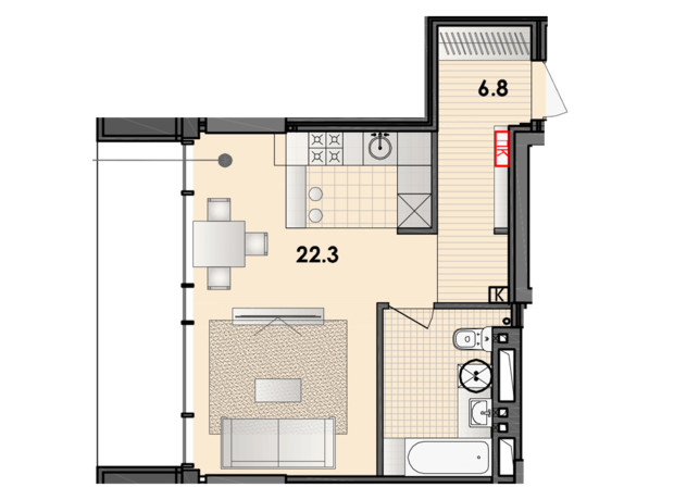 ЖК Respect Hall: планировка 1-комнатной квартиры 34.9 м²