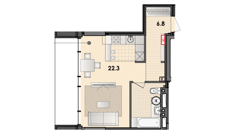 Планировка 2-комнатной квартиры в ЖК Respect Hall 34.9 м², фото 327620