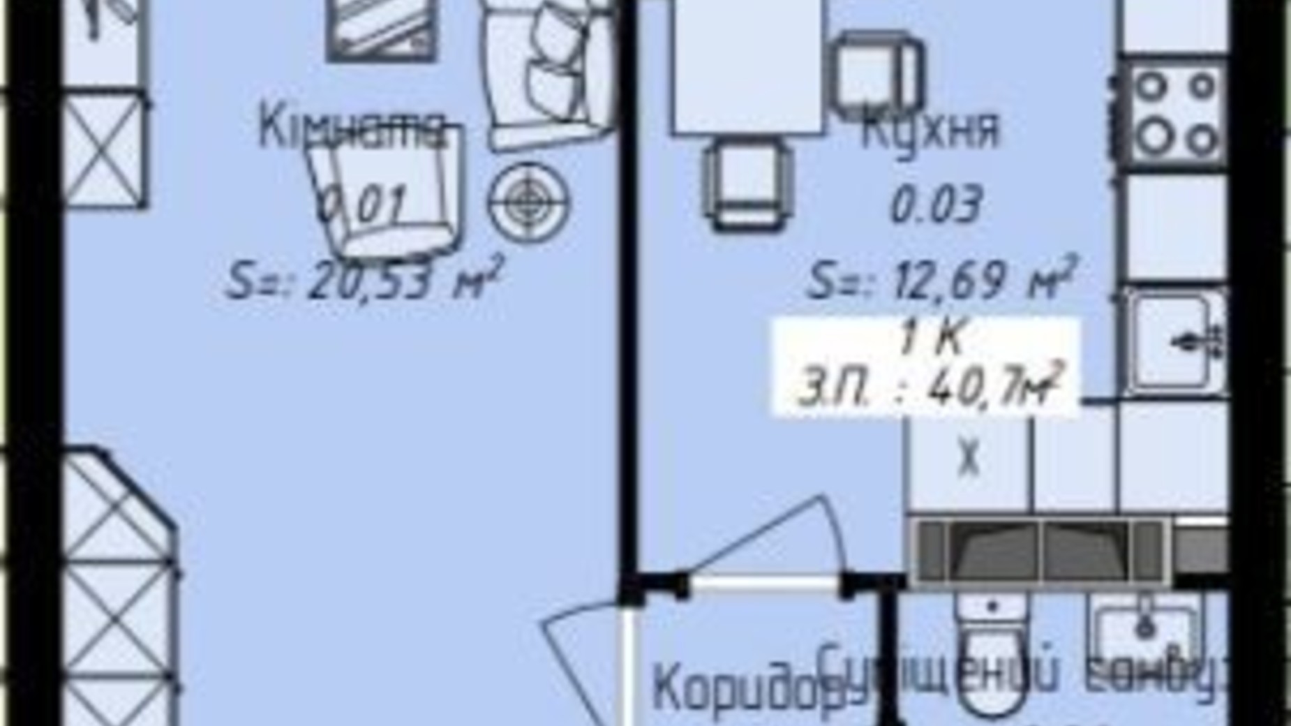 Планування 1-кімнатної квартири в ЖК Джем Сіті 40.7 м², фото 327806